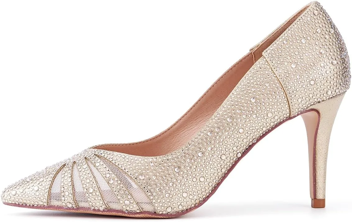 ERIJUNOR E2406 Women Pumps Comfortable Mid Heel Sparkly Rhinestone mesh Evening Prom Wedding Shoes