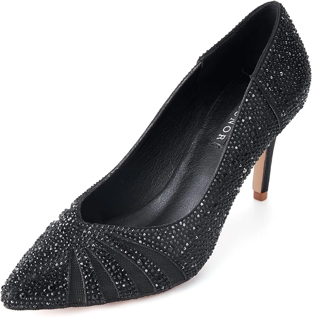 ERIJUNOR E2406 Women Pumps Comfortable Mid Heel Sparkly Rhinestone mesh Evening Prom Wedding Shoes