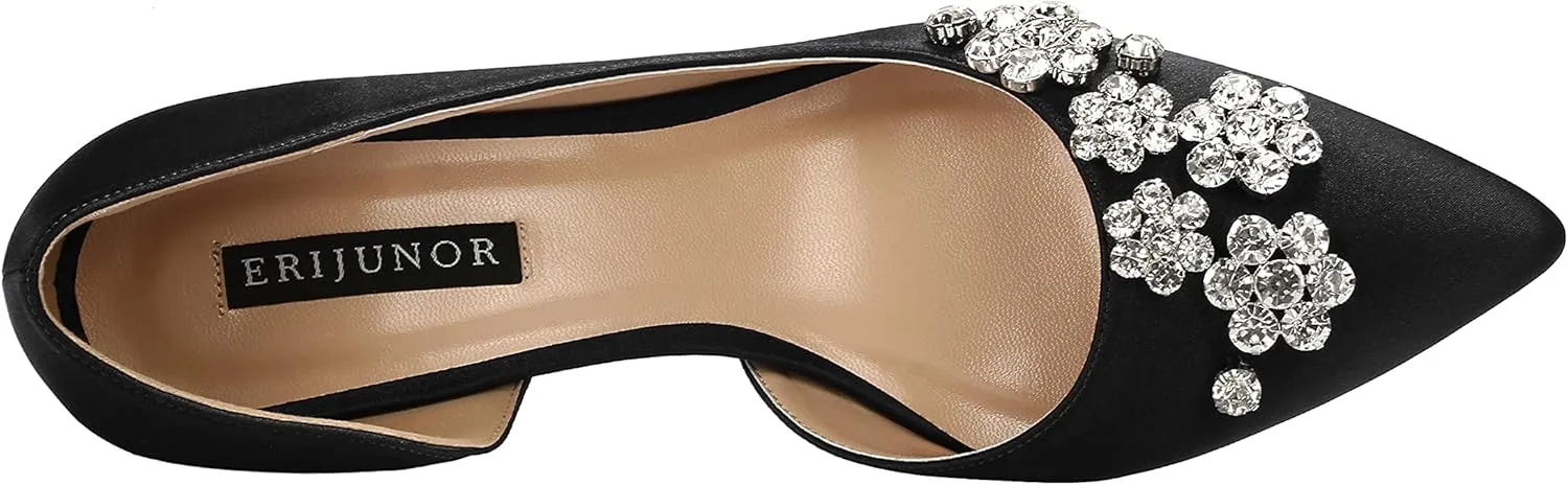 ERIJUNOR Pointy Toe Mid Heels Pumps Rhinestones Evening Party D’Orsay Satin Shoes for Women