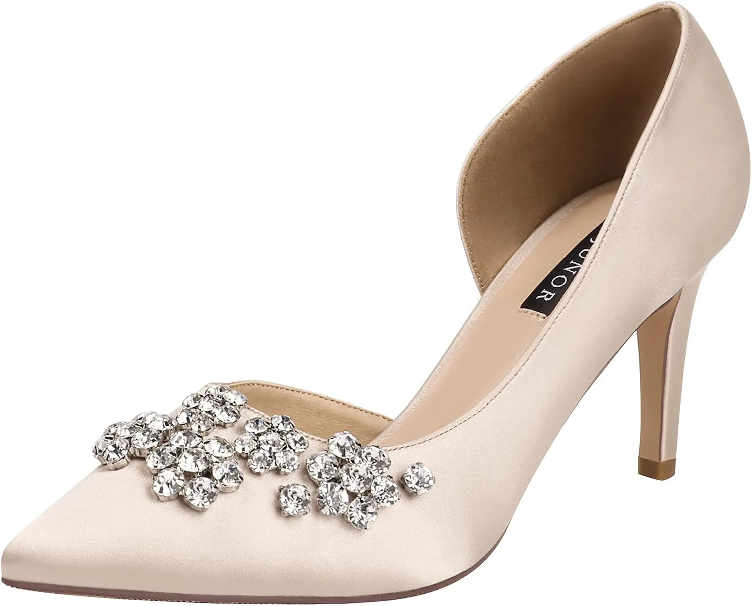 ERIJUNOR Pointy Toe Mid Heels Pumps Rhinestones Evening Party D’Orsay Satin Shoes for Women