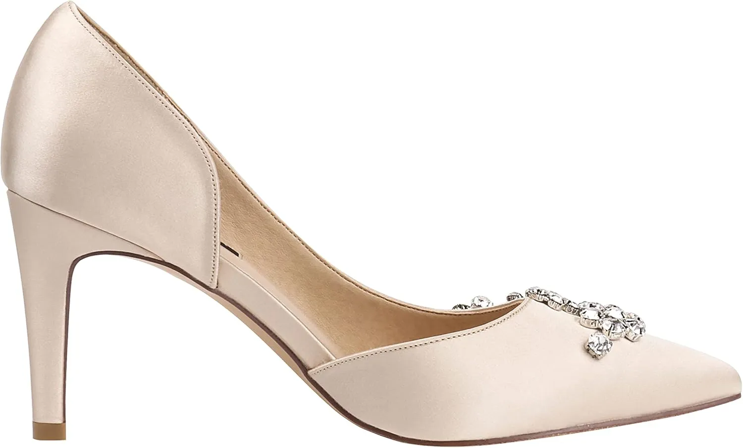 ERIJUNOR Pointy Toe Mid Heels Pumps Rhinestones Evening Party D’Orsay Satin Shoes for Women