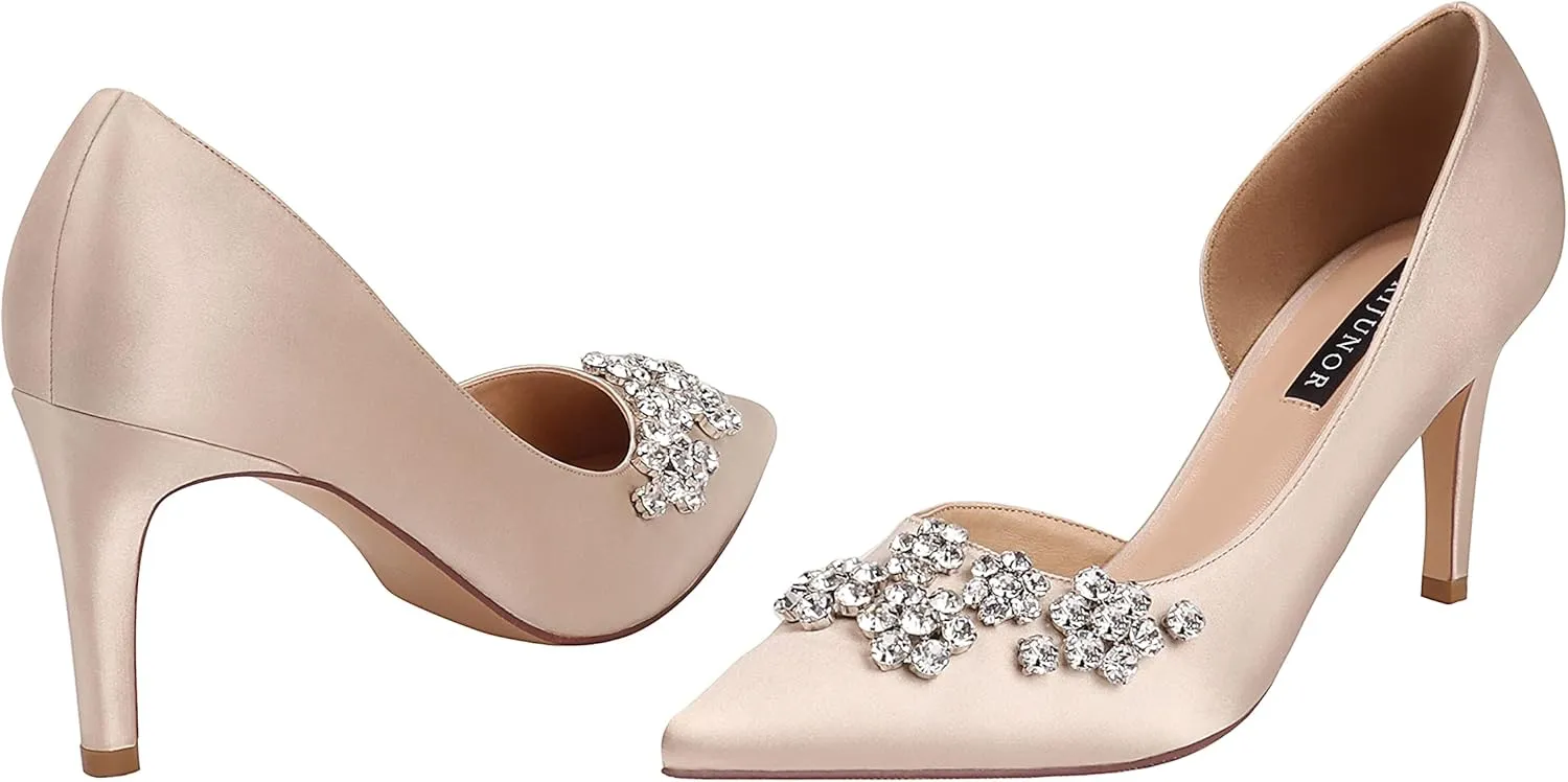 ERIJUNOR Pointy Toe Mid Heels Pumps Rhinestones Evening Party D’Orsay Satin Shoes for Women