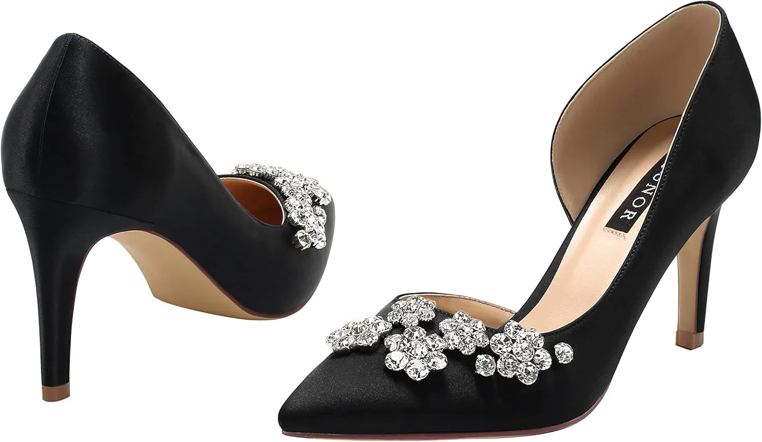 ERIJUNOR Pointy Toe Mid Heels Pumps Rhinestones Evening Party D’Orsay Satin Shoes for Women