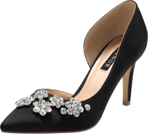 ERIJUNOR Pointy Toe Mid Heels Pumps Rhinestones Evening Party D’Orsay Satin Shoes for Women