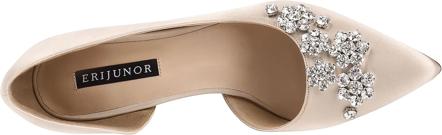 ERIJUNOR Pointy Toe Mid Heels Pumps Rhinestones Evening Party D’Orsay Satin Shoes for Women