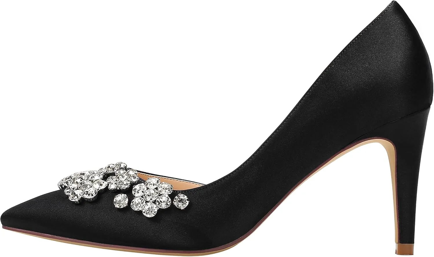 ERIJUNOR Pointy Toe Mid Heels Pumps Rhinestones Evening Party D’Orsay Satin Shoes for Women