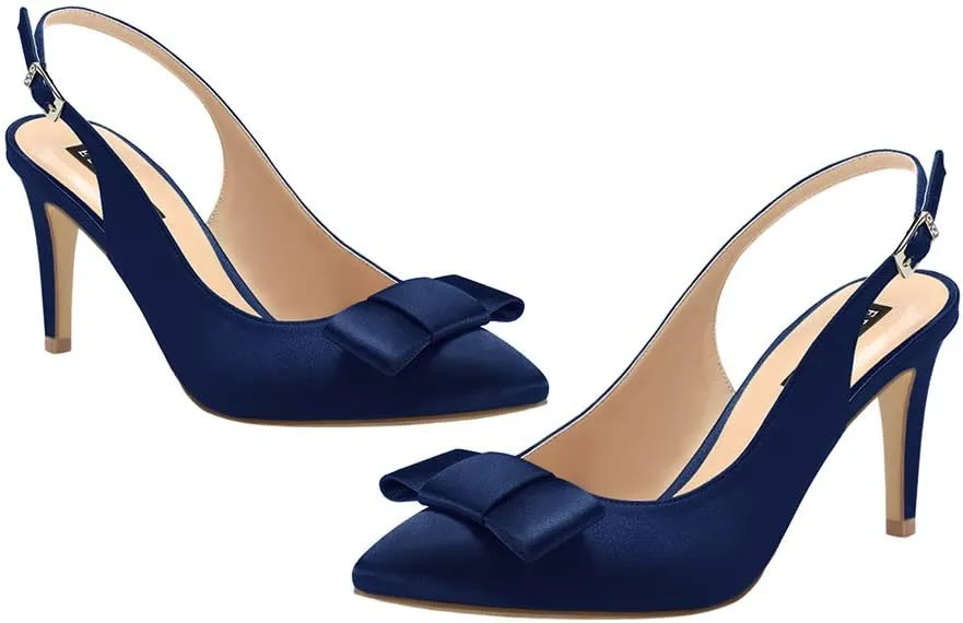 ERIJUNOR Pointy Toe Pumps Mid Heels Wedding Evening Party Prom Slingback Satin Shoes