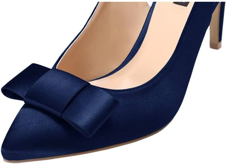 ERIJUNOR Pointy Toe Pumps Mid Heels Wedding Evening Party Prom Slingback Satin Shoes