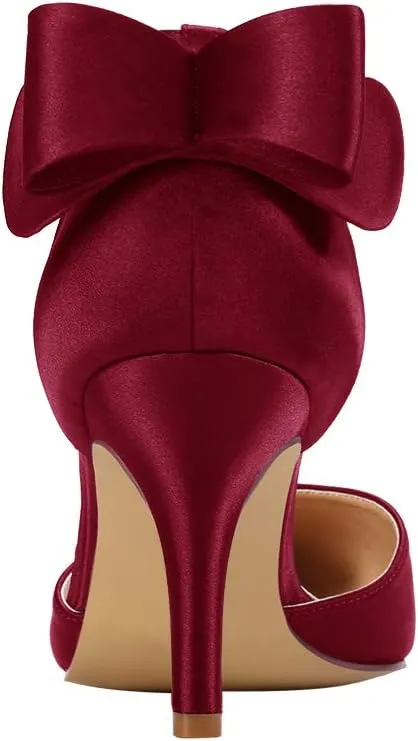 ERIJUNOR Wedding Evening Party Shoes Comfortable Mid Heels Pumps with Bow Knot Ankle Strap Wide Width Satin Shoes