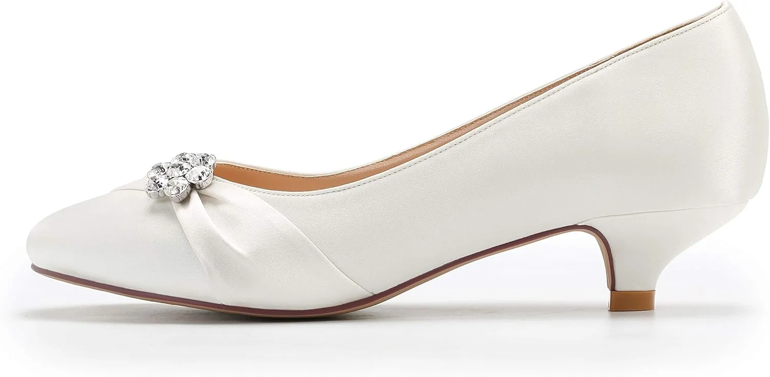 ERIJUNOR Women Closed Toe Comfort Kitten Heels Rhinestones Satin Wedding Evening Dress Shoes