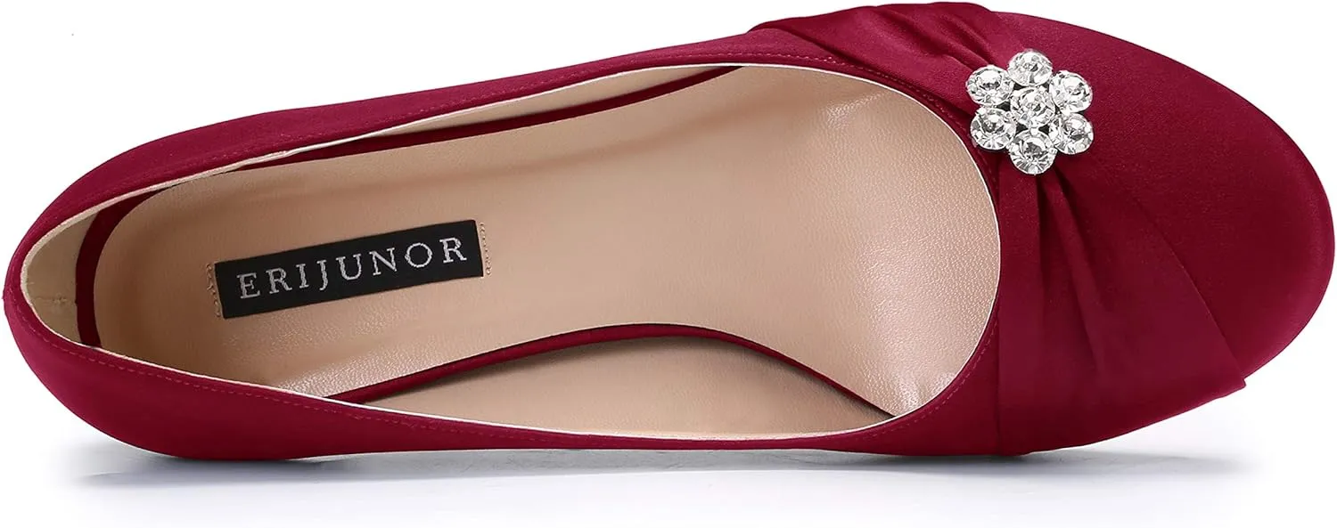 ERIJUNOR Women Closed Toe Comfort Kitten Heels Rhinestones Satin Wedding Evening Dress Shoes