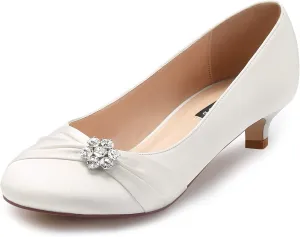 ERIJUNOR Women Closed Toe Comfort Kitten Heels Rhinestones Satin Wedding Evening Dress Shoes
