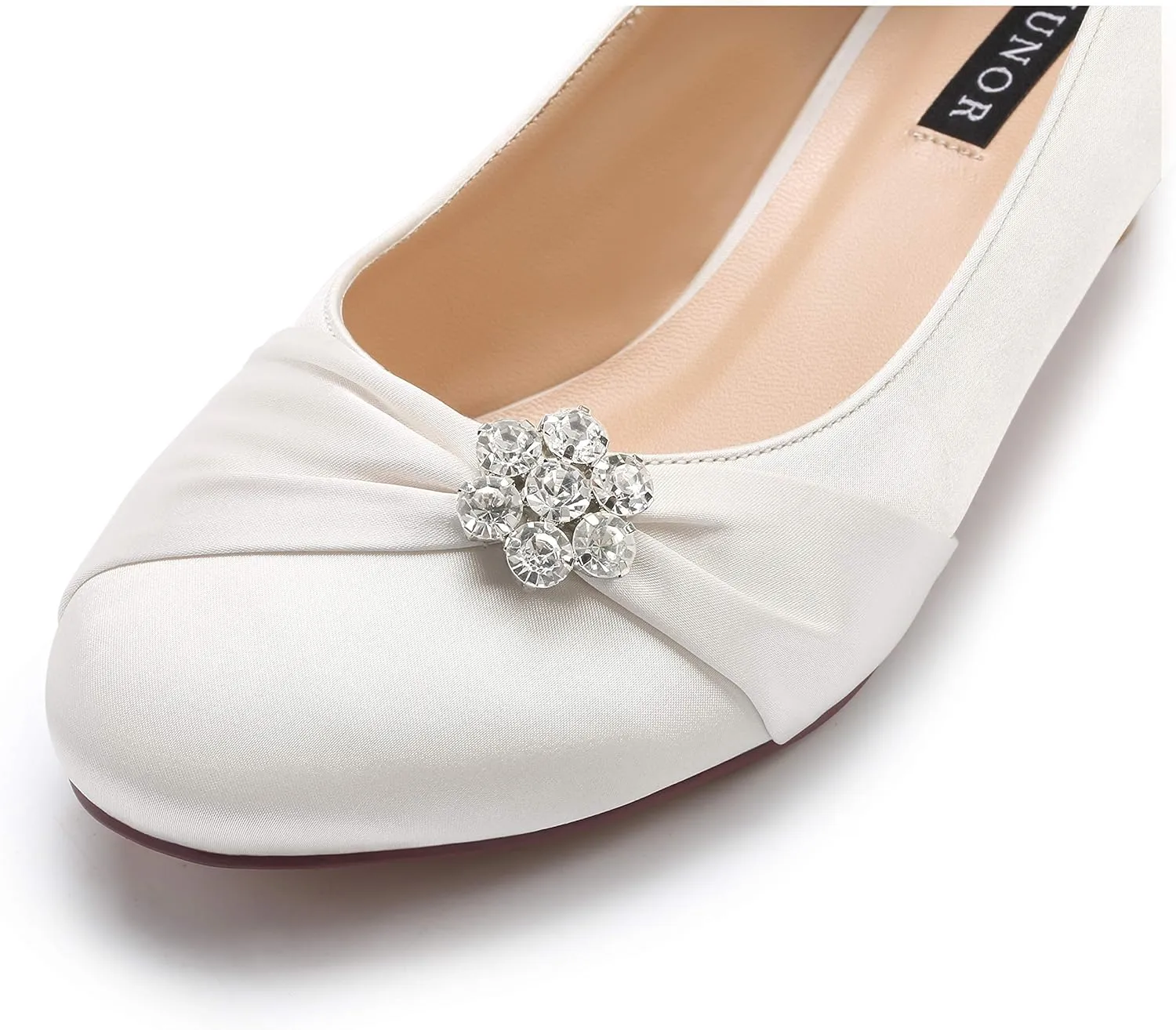 ERIJUNOR Women Closed Toe Comfort Kitten Heels Rhinestones Satin Wedding Evening Dress Shoes