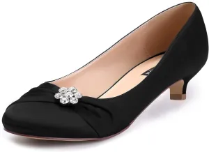 ERIJUNOR Women Closed Toe Comfort Kitten Heels Rhinestones Satin Wedding Evening Dress Shoes