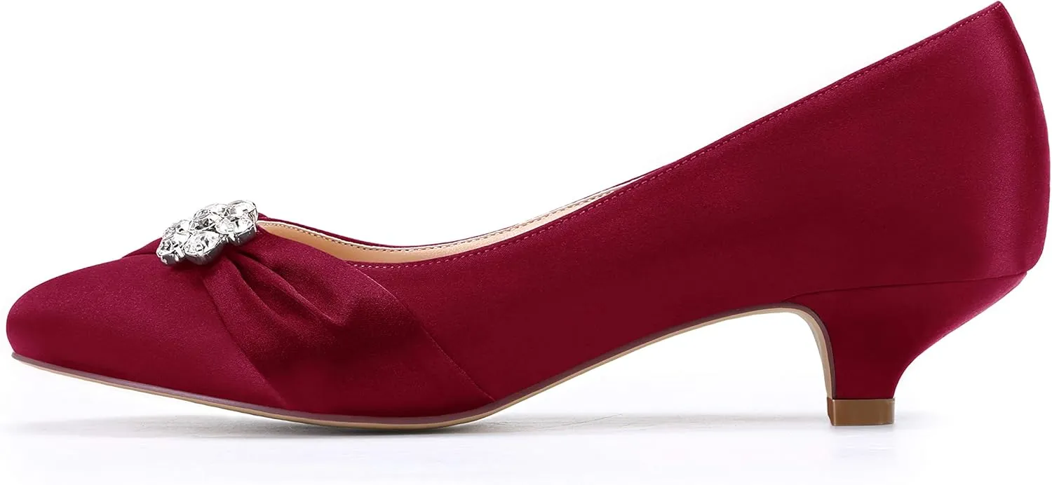 ERIJUNOR Women Closed Toe Comfort Kitten Heels Rhinestones Satin Wedding Evening Dress Shoes