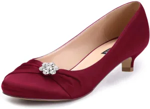 ERIJUNOR Women Closed Toe Comfort Kitten Heels Rhinestones Satin Wedding Evening Dress Shoes