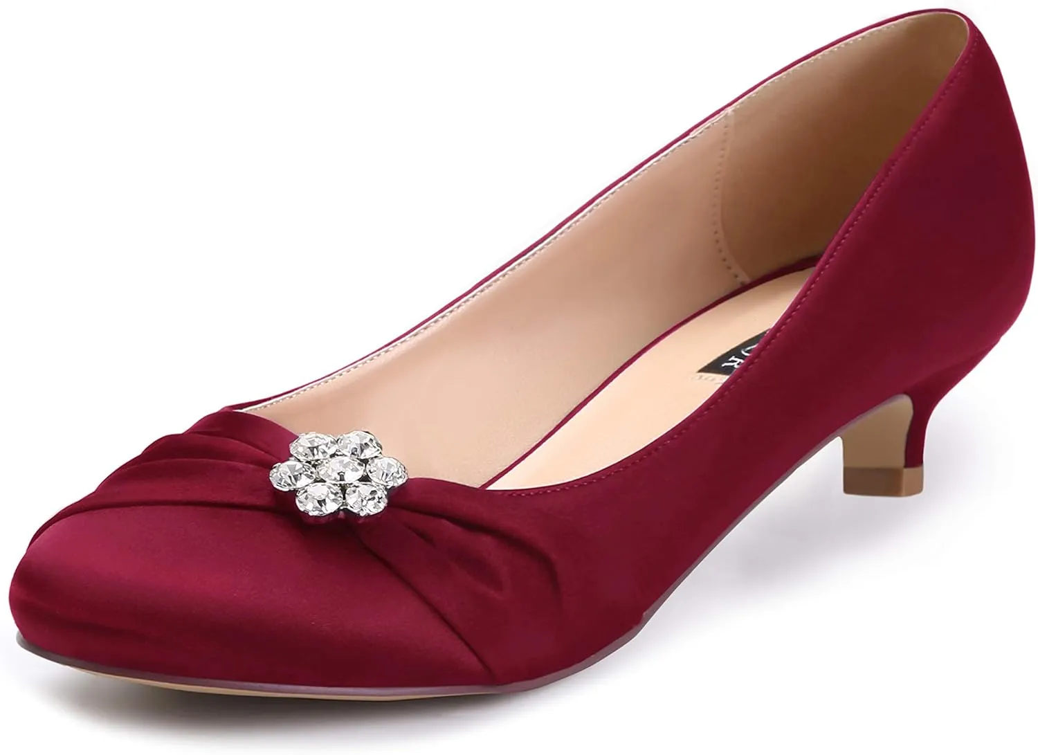 ERIJUNOR Women Closed Toe Comfort Kitten Heels Rhinestones Satin Wedding Evening Dress Shoes