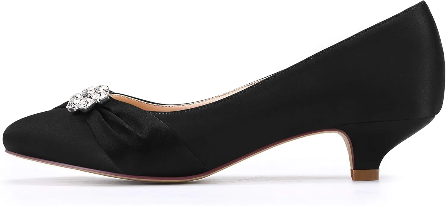 ERIJUNOR Women Closed Toe Comfort Kitten Heels Rhinestones Satin Wedding Evening Dress Shoes