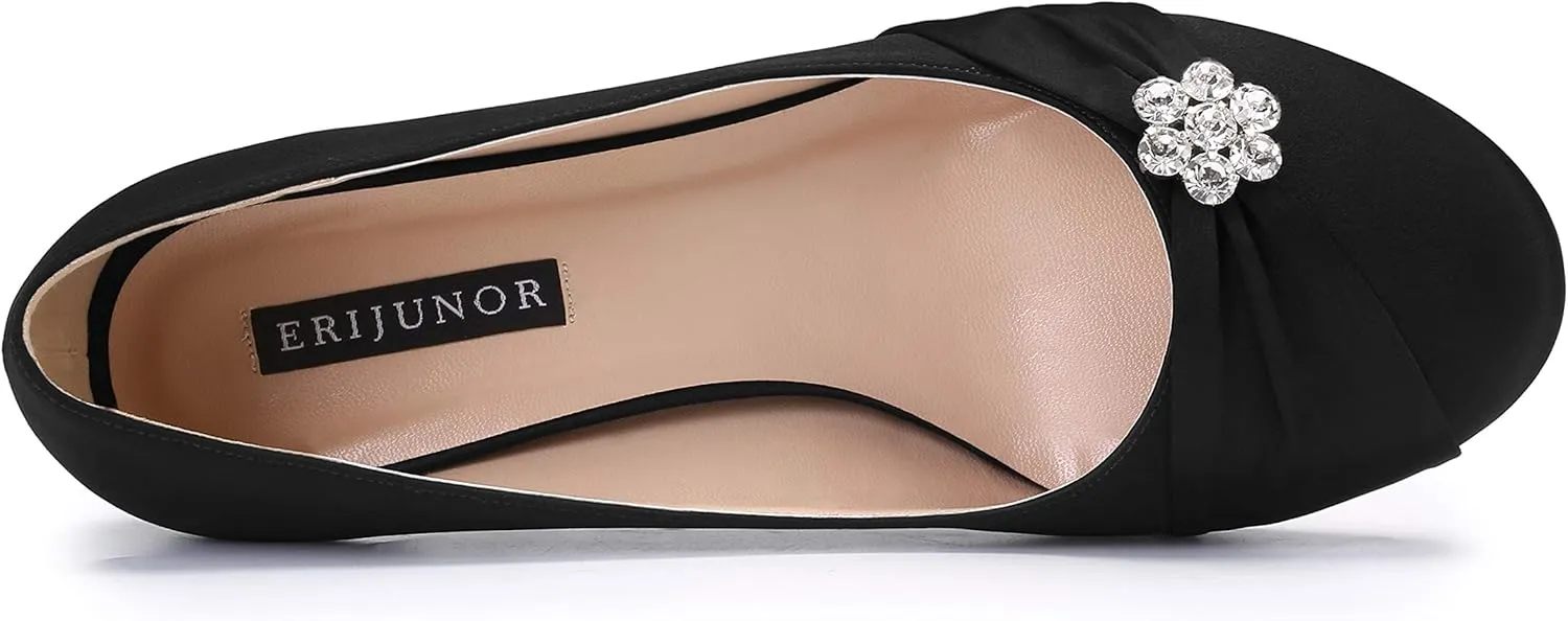 ERIJUNOR Women Closed Toe Comfort Kitten Heels Rhinestones Satin Wedding Evening Dress Shoes