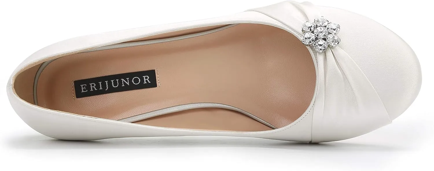 ERIJUNOR Women Closed Toe Comfort Kitten Heels Rhinestones Satin Wedding Evening Dress Shoes
