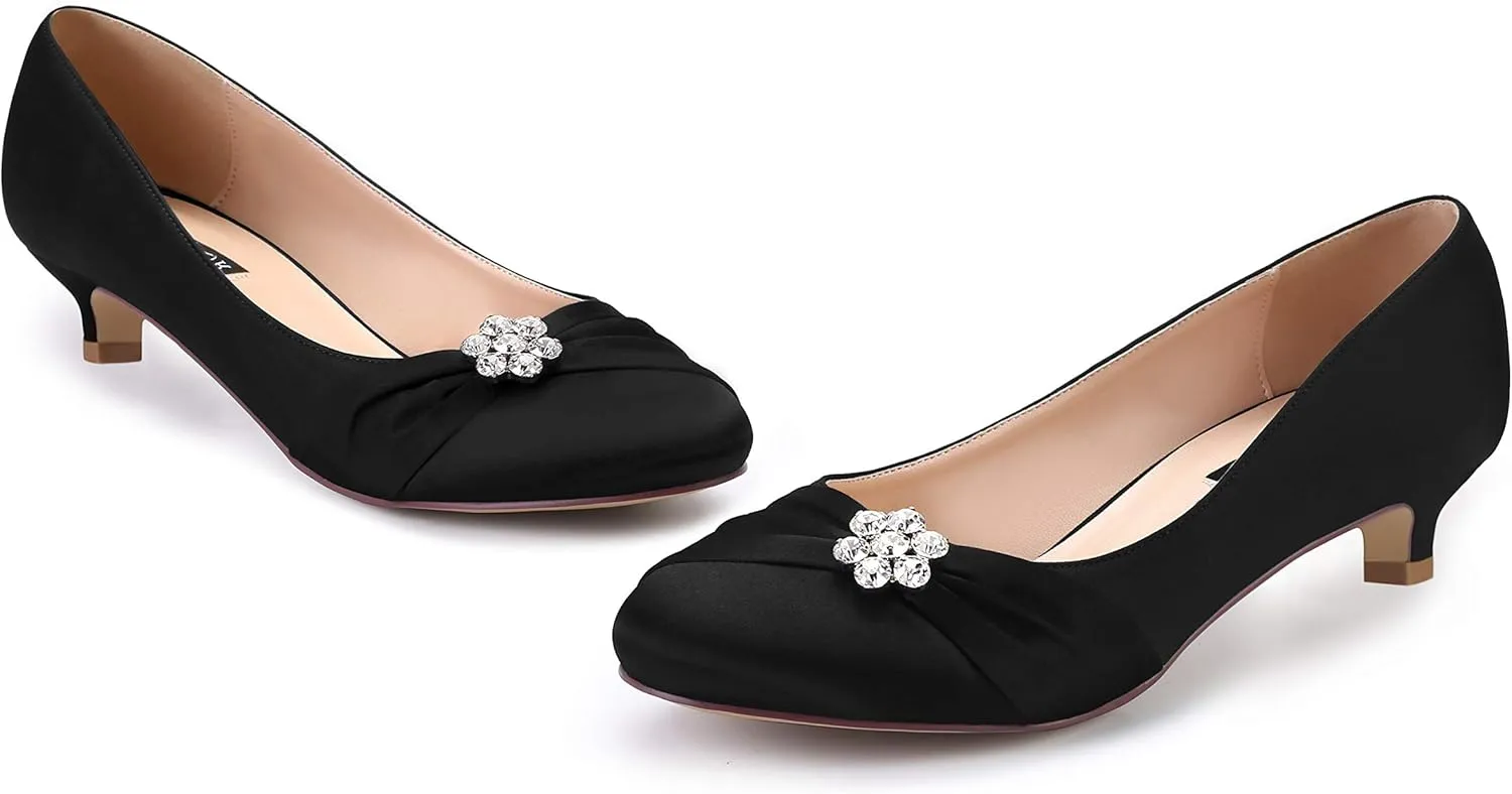 ERIJUNOR Women Closed Toe Comfort Kitten Heels Rhinestones Satin Wedding Evening Dress Shoes