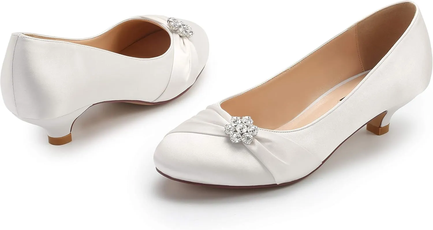 ERIJUNOR Women Closed Toe Comfort Kitten Heels Rhinestones Satin Wedding Evening Dress Shoes