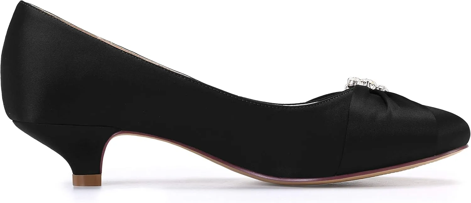 ERIJUNOR Women Closed Toe Comfort Kitten Heels Rhinestones Satin Wedding Evening Dress Shoes