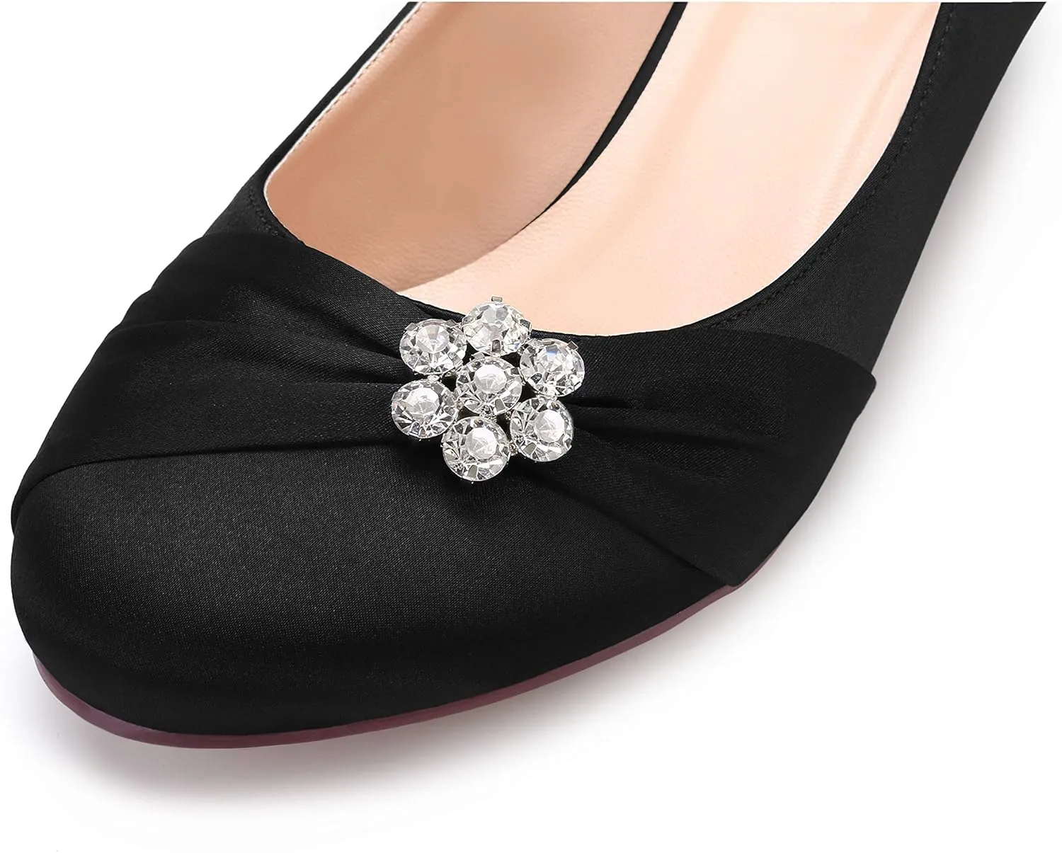 ERIJUNOR Women Closed Toe Comfort Kitten Heels Rhinestones Satin Wedding Evening Dress Shoes