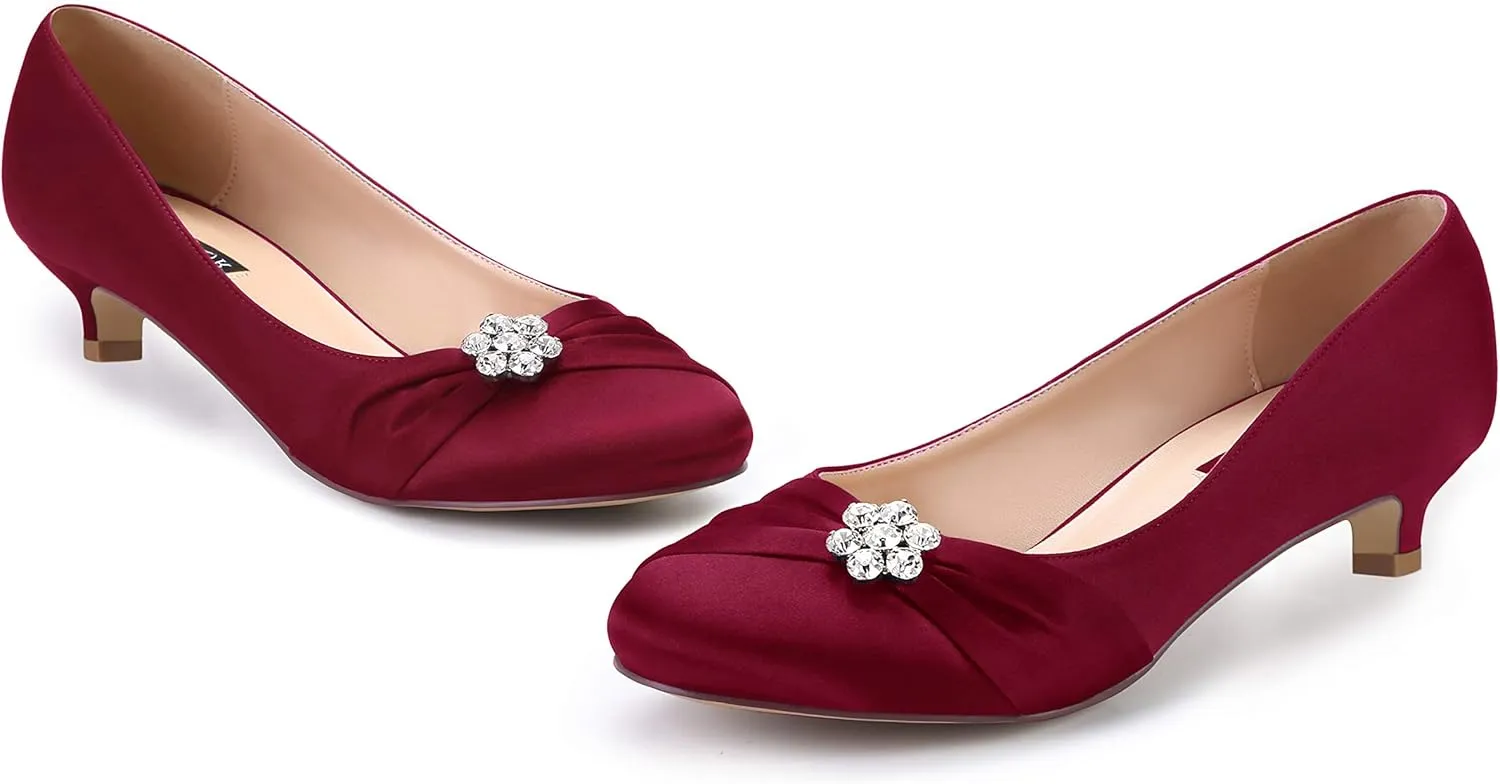 ERIJUNOR Women Closed Toe Comfort Kitten Heels Rhinestones Satin Wedding Evening Dress Shoes