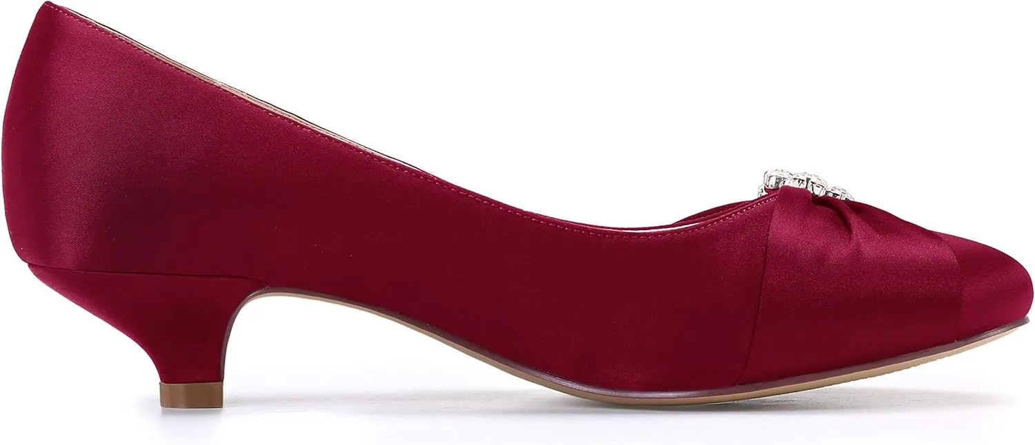 ERIJUNOR Women Closed Toe Comfort Kitten Heels Rhinestones Satin Wedding Evening Dress Shoes