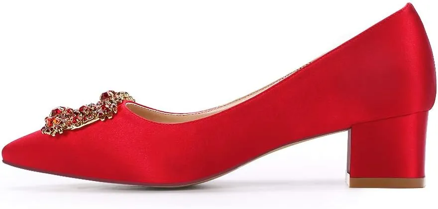 ERIJUNOR Women Comfort Chunky Heel Pointed Toe Rhinestone Wedding Evening Satin Shoes for Bride