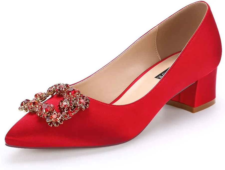 ERIJUNOR Women Comfort Chunky Heel Pointed Toe Rhinestone Wedding Evening Satin Shoes for Bride