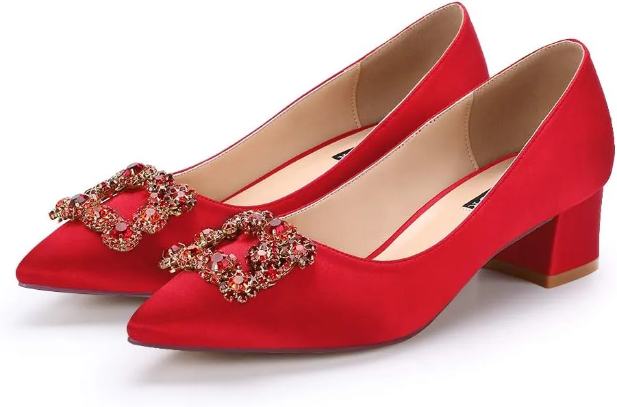 ERIJUNOR Women Comfort Chunky Heel Pointed Toe Rhinestone Wedding Evening Satin Shoes for Bride