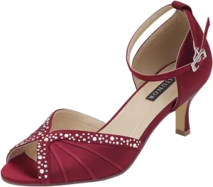 ERIJUNOR Women Comfort Low Heel Ankle Strap Rhinestones Pleat Satin Wedding Evening Dress Dance Shoes