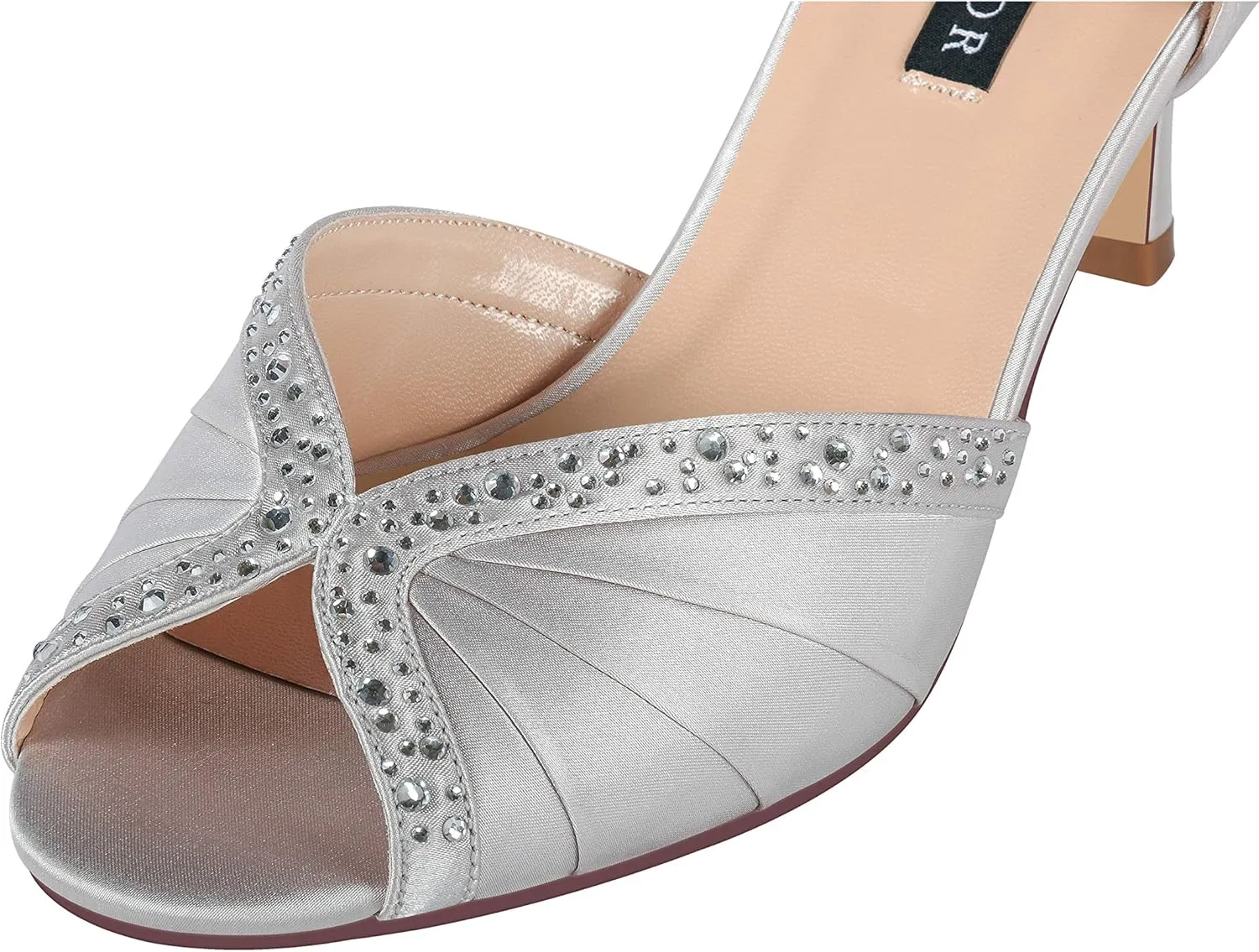ERIJUNOR Women Comfort Low Heel Ankle Strap Rhinestones Pleat Satin Wedding Evening Dress Dance Shoes