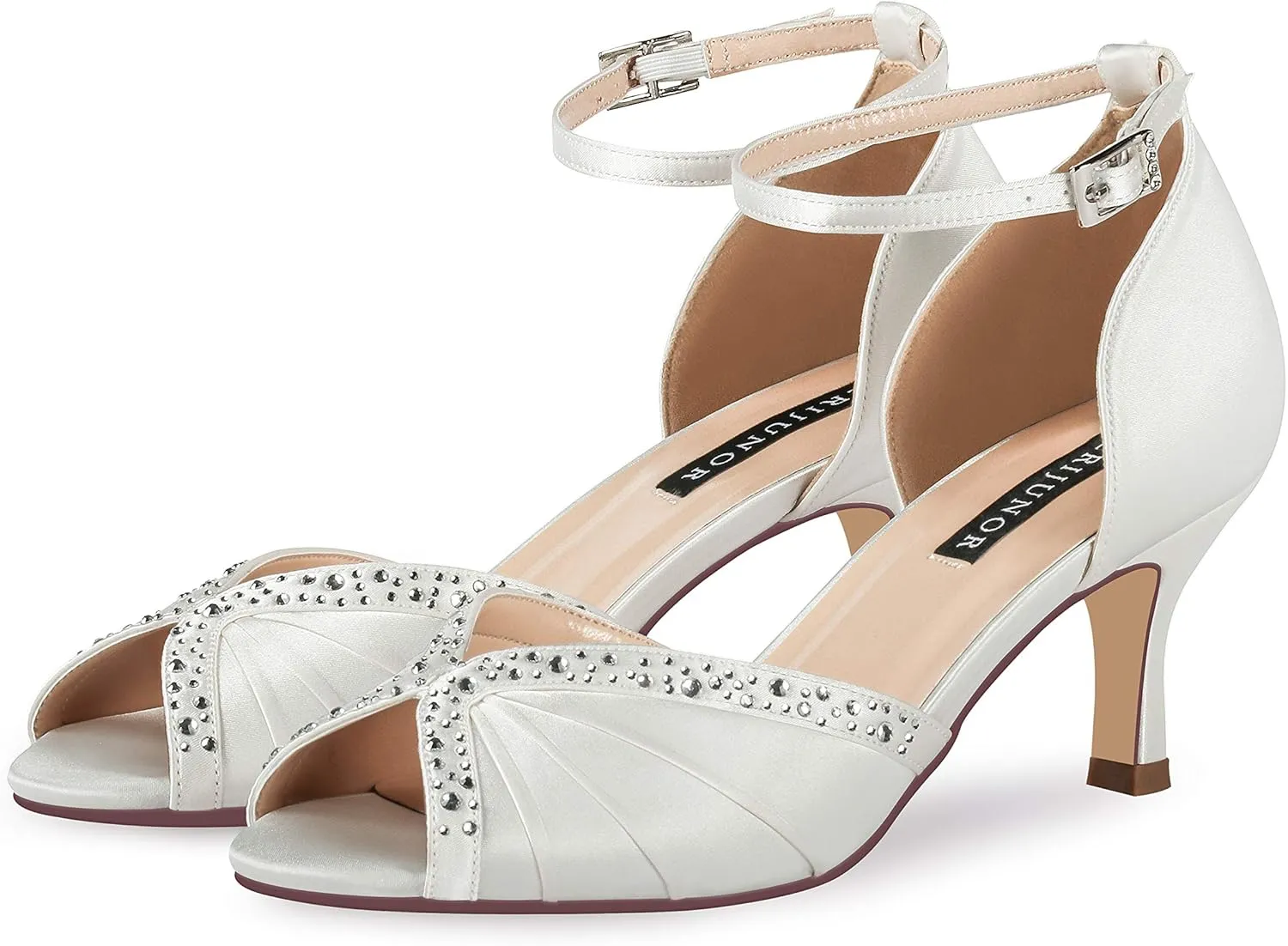 ERIJUNOR Women Comfort Low Heel Ankle Strap Rhinestones Pleat Satin Wedding Evening Dress Dance Shoes