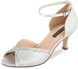 ERIJUNOR Women Comfort Low Heel Ankle Strap Rhinestones Pleat Satin Wedding Evening Dress Dance Shoes