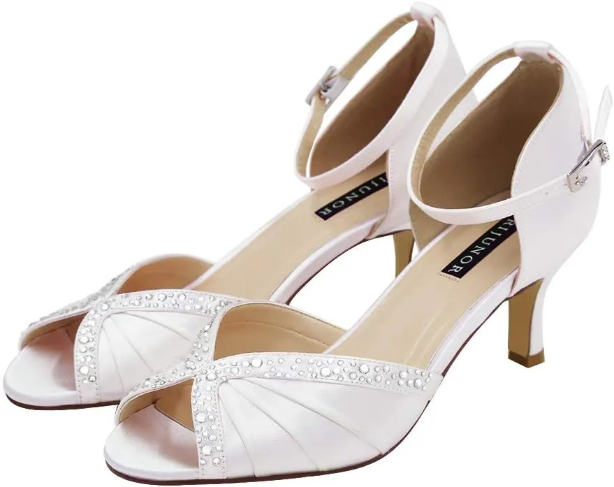 ERIJUNOR Women Comfort Low Heel Ankle Strap Rhinestones Pleat Satin Wedding Evening Dress Dance Shoes
