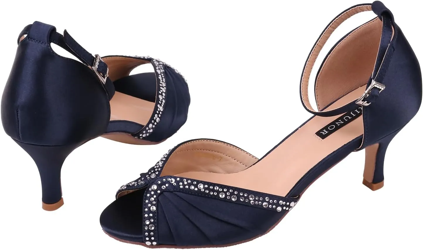 ERIJUNOR Women Comfort Low Heel Ankle Strap Rhinestones Pleat Satin Wedding Evening Dress Dance Shoes