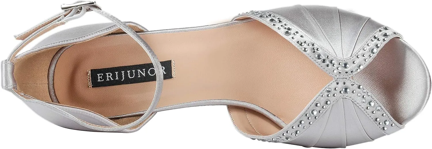 ERIJUNOR Women Comfort Low Heel Ankle Strap Rhinestones Pleat Satin Wedding Evening Dress Dance Shoes