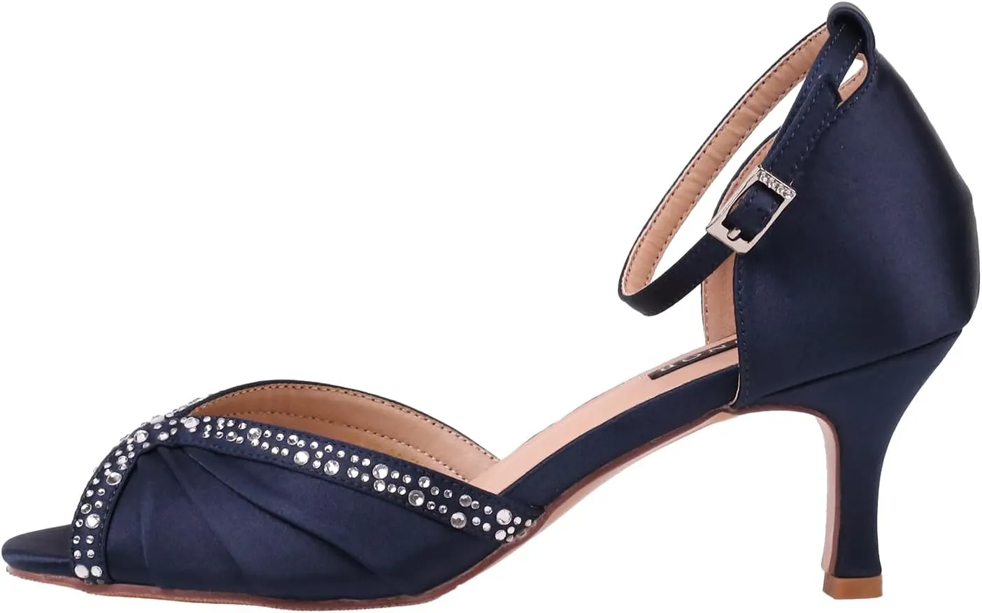 ERIJUNOR Women Comfort Low Heel Ankle Strap Rhinestones Pleat Satin Wedding Evening Dress Dance Shoes