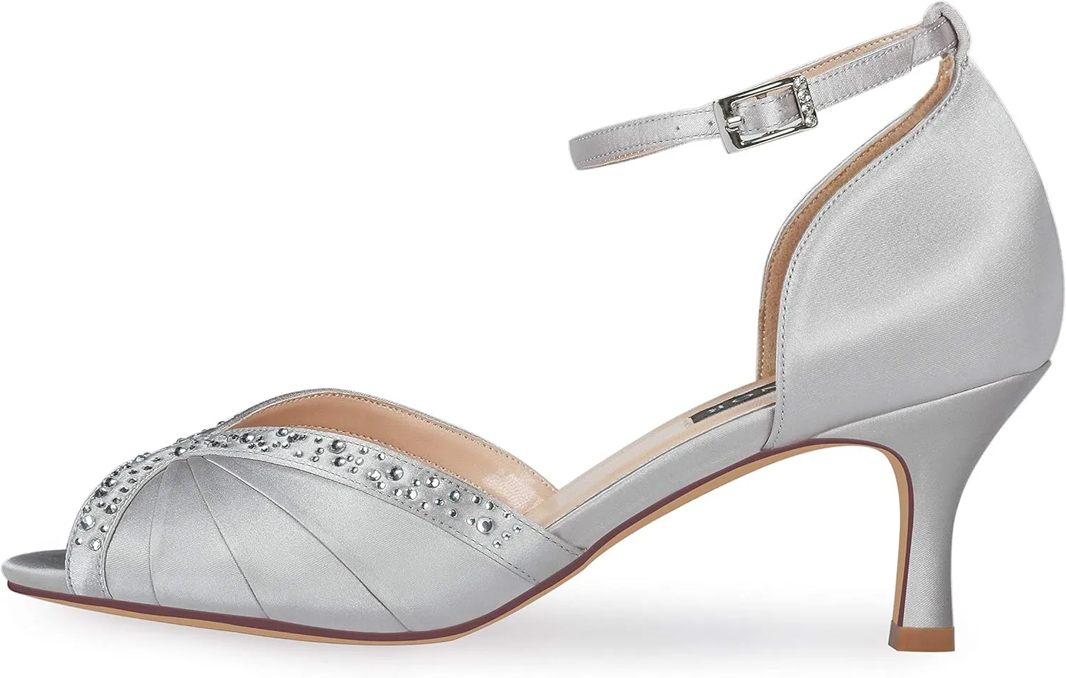ERIJUNOR Women Comfort Low Heel Ankle Strap Rhinestones Pleat Satin Wedding Evening Dress Dance Shoes