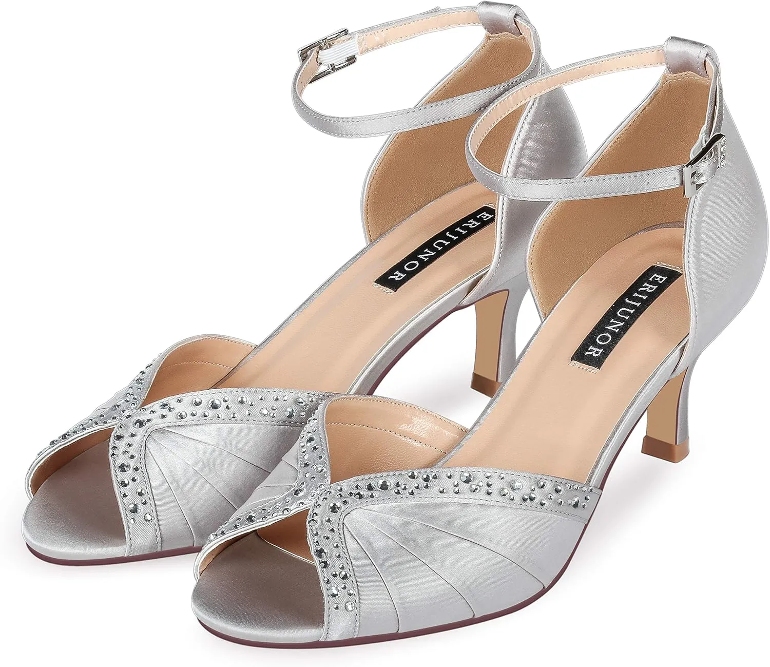 ERIJUNOR Women Comfort Low Heel Ankle Strap Rhinestones Pleat Satin Wedding Evening Dress Dance Shoes