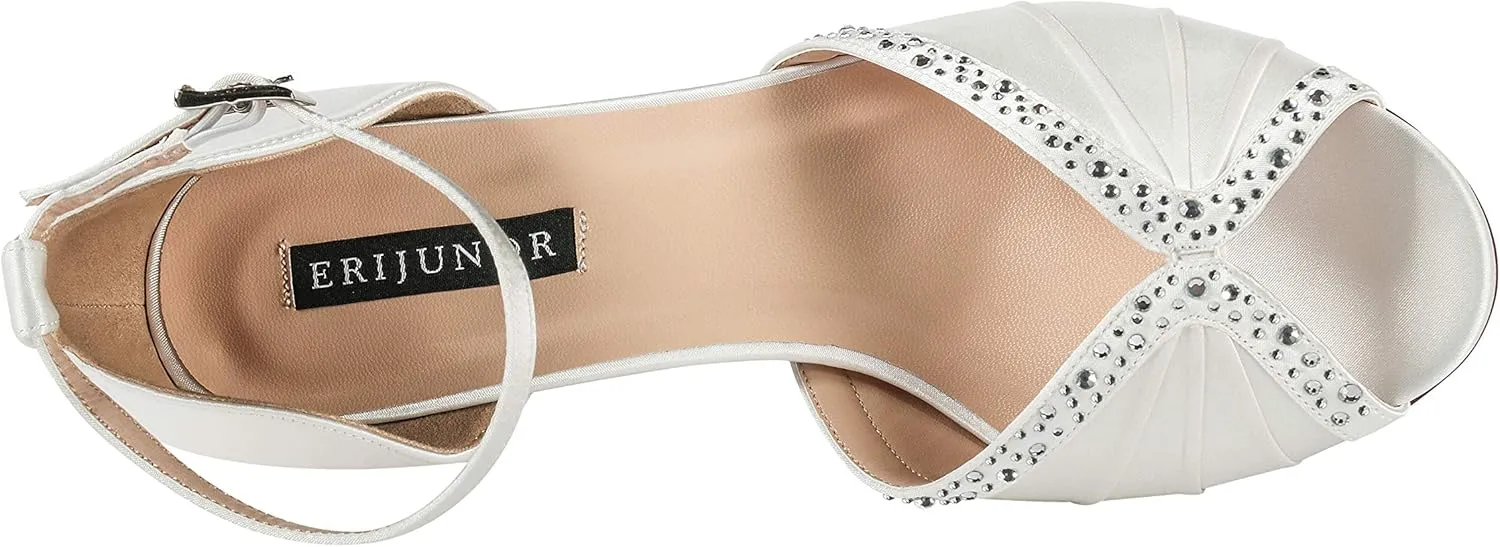 ERIJUNOR Women Comfort Low Heel Ankle Strap Rhinestones Pleat Satin Wedding Evening Dress Dance Shoes