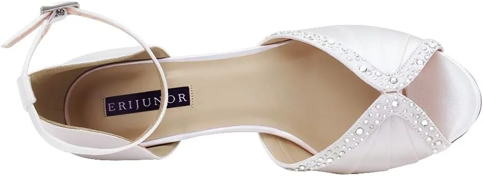 ERIJUNOR Women Comfort Low Heel Ankle Strap Rhinestones Pleat Satin Wedding Evening Dress Dance Shoes