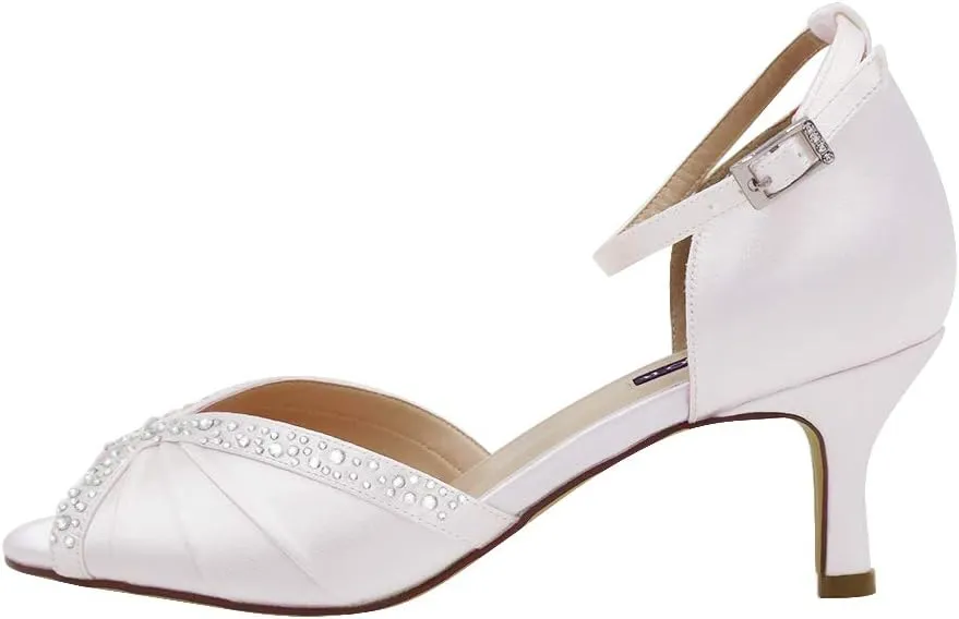 ERIJUNOR Women Comfort Low Heel Ankle Strap Rhinestones Pleat Satin Wedding Evening Dress Dance Shoes