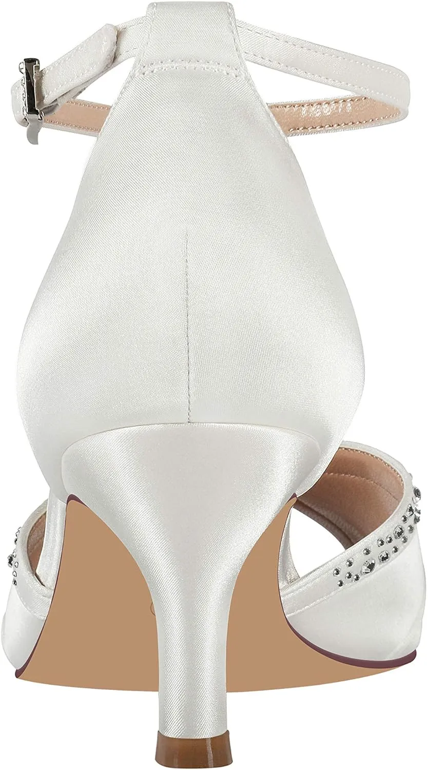 ERIJUNOR Women Comfort Low Heel Ankle Strap Rhinestones Pleat Satin Wedding Evening Dress Dance Shoes