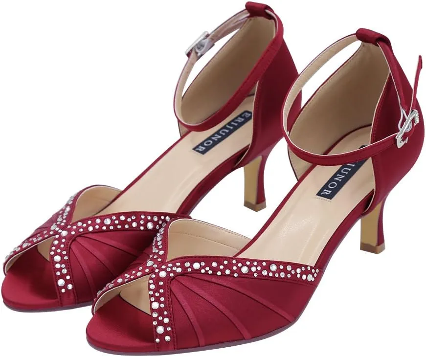 ERIJUNOR Women Comfort Low Heel Ankle Strap Rhinestones Pleat Satin Wedding Evening Dress Dance Shoes