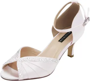 ERIJUNOR Women Comfort Low Heel Ankle Strap Rhinestones Pleat Satin Wedding Evening Dress Dance Shoes