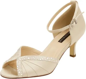 ERIJUNOR Women Comfort Low Heel Ankle Strap Rhinestones Pleat Satin Wedding Evening Dress Dance Shoes